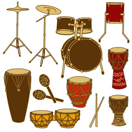 Isolated icons of drum kit and African percussionのイラスト素材
