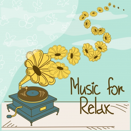 Illustration of gramophone standing on a windowsill and text music for relaxのイラスト素材