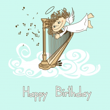 Card for birthday with funny cartoon cupid playing the harpのイラスト素材