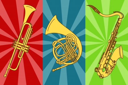 Illustration with isolated trumpets and saxophone on a colorful backgroundのイラスト素材