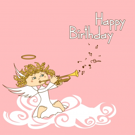 Card for birthday with cartoon cupid playing the trumpetのイラスト素材