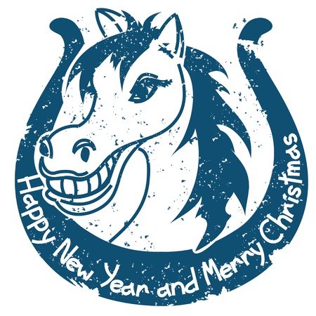 New Year and Christmas stamp with horse and horseshoeのイラスト素材