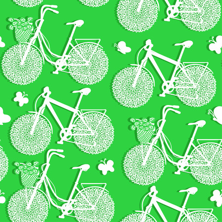 Seamless pattern of bicycles made of paper on a green backgroundのイラスト素材