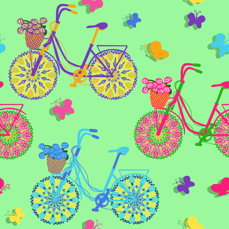 Seamless pattern of colorful  floral bicyclesのイラスト素材