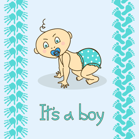 Baby shower invitation card with cute baby boy on all foursのイラスト素材