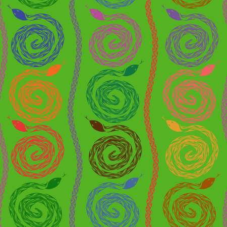 Seamless pattern of colorful snakes on a green backgroundのイラスト素材