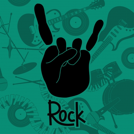 Hand in rock and roll sign on a background of musical instrumentsのイラスト素材