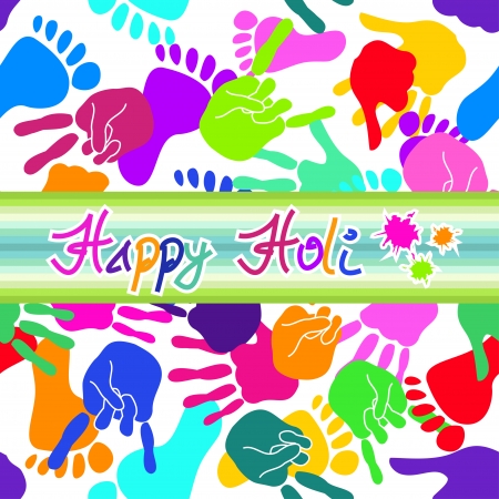 Colorful Happy Holi background with handprints and footprintsのイラスト素材