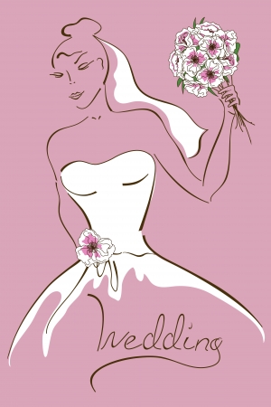 Wedding card with contour sketch of bride holding a bridal bouquetのイラスト素材