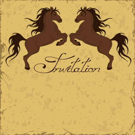 Invitation with two horses rearing up on a vintage backgroundのイラスト素材