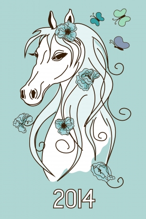 Illustration with New Year 2014 symbol of horse head のイラスト素材