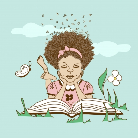 Girl with hair made of letters lying on the grass and reading a bookのイラスト素材