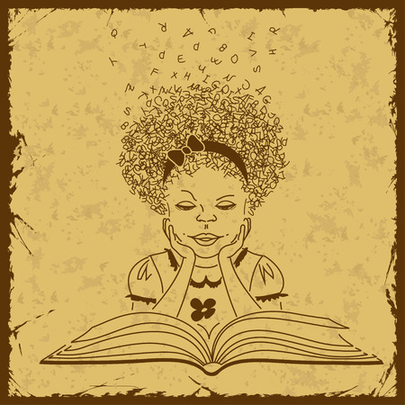 Retro sketch illustration with girl reading a bookのイラスト素材