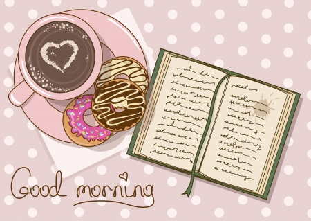 Illustration with cup of coffee, donuts and bookのイラスト素材