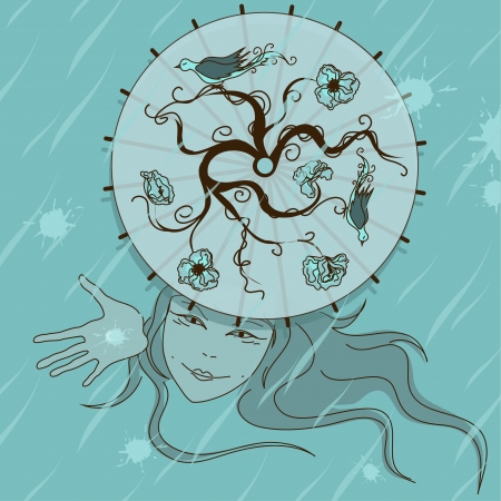 Young Asian girl enjoying the rain looking out a Japanese umbrellaのイラスト素材