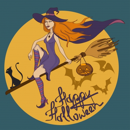 Halloween illustration with beautiful witch flying on the broom with catのイラスト素材