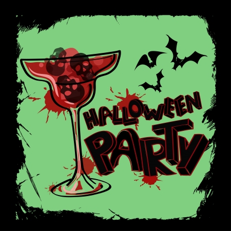 Scary grunge Halloween party poster with hand lettering, blood cocktail and skullsのイラスト素材