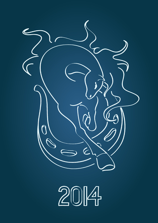 Background with horse jumping through horseshoe. Symbol of New Year 2014のイラスト素材