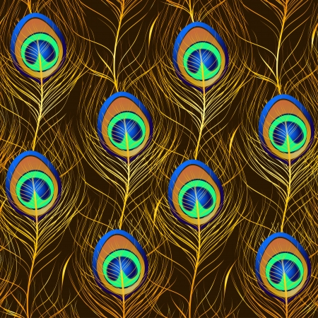 Seamless pattern of gold peacock feathers on brown backgroundのイラスト素材