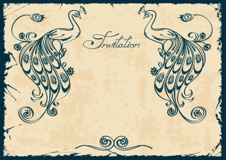 Vintage invitation or card with blue outline peacock のイラスト素材