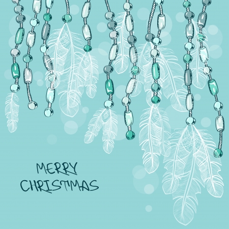 Christmas card with feathers and bijouterie decorationのイラスト素材