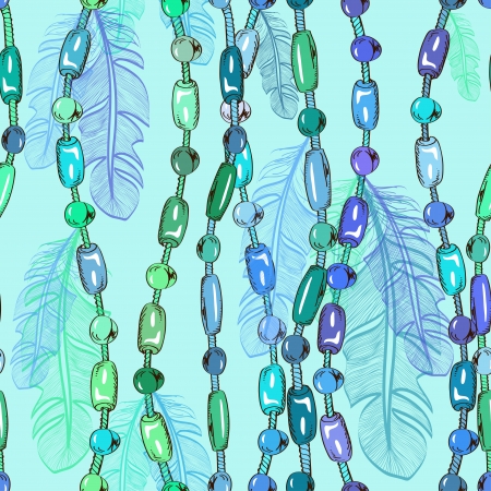 Seamless pattern of hanging blue bird feathers and bijouterieのイラスト素材