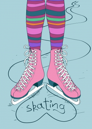 Doodle illustration with female legs in striped tights and skatesのイラスト素材