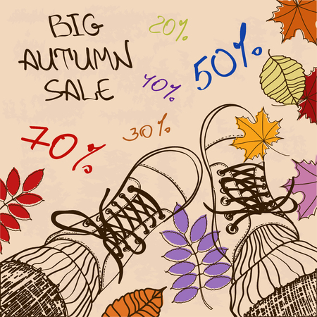 Autumn sale illustration with girls feet in boots and leavesのイラスト素材