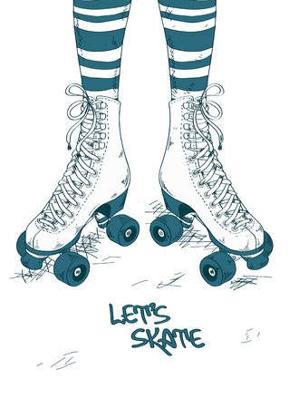 Illustration with girl's legs in striped stockings and retro roller skatesのイラスト素材