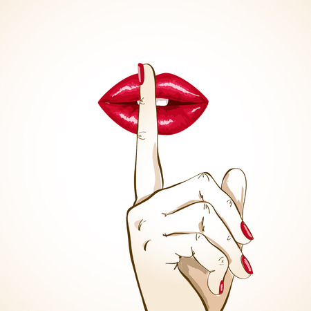 Illustration of sensual red woman lips with finger in shh signのイラスト素材