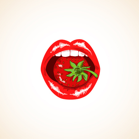 Illustration of isolated sensual woman lips with ripe strawberryのイラスト素材