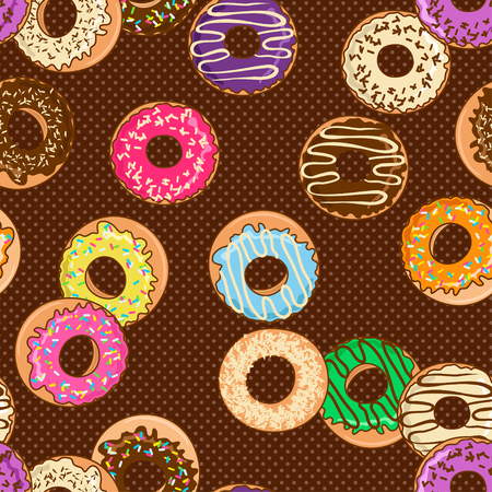 Seamless pattern of cartoon colorful donuts on a polka dot backgroundのイラスト素材
