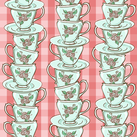 Seamless pattern with stack of blue porcelain tea cups のイラスト素材
