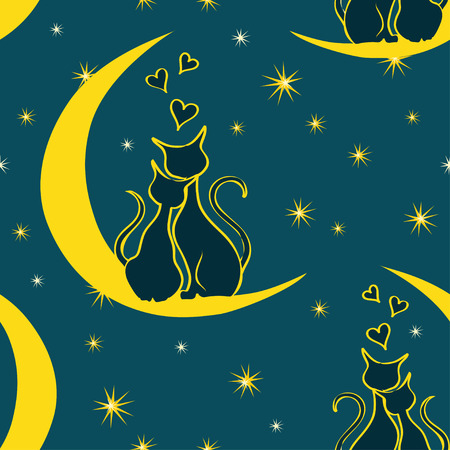 Seamless pattern with pair of lovers cats sitting on the moonのイラスト素材
