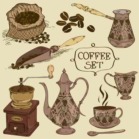 Set of isolated hand drawn vintage coffee iconsのイラスト素材