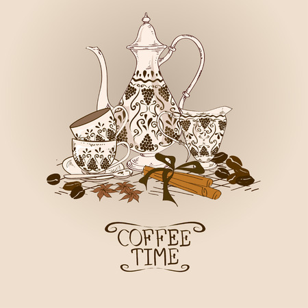 Illustration with vintage coffee pot, cups, milk jug and beansのイラスト素材