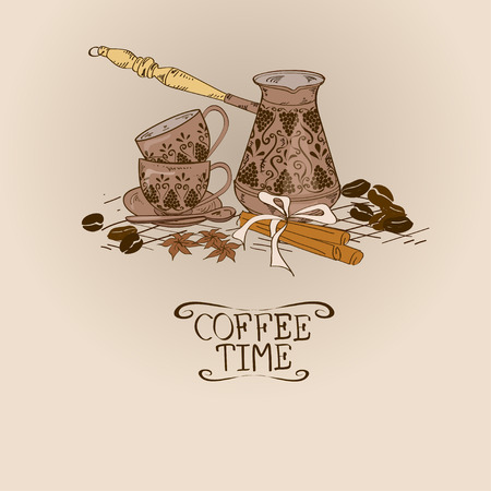Illustration with vintage coffee turk copper, cups, spices and beansのイラスト素材