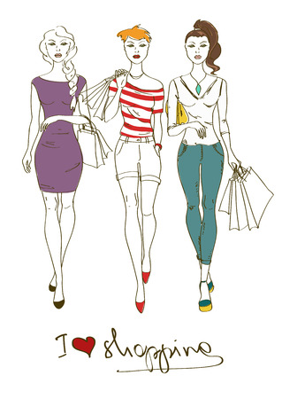 Illustration with three fashion shopping girls のイラスト素材