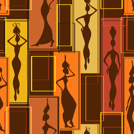 Colorful abstract geometric seamless pattern of beautiful African women with vasesのイラスト素材