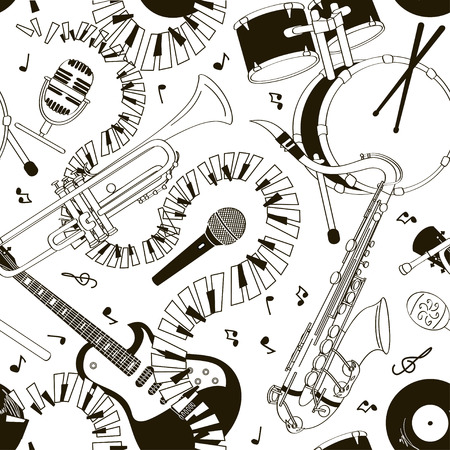 Abstract black and white hand drawn doodle seamless pattern of musical instrumentsのイラスト素材