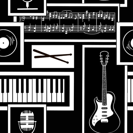 Black and white geometric seamless pattern of musical attributesのイラスト素材