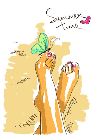 Illustration with sunburn bare feet of girl in relaxed poseのイラスト素材