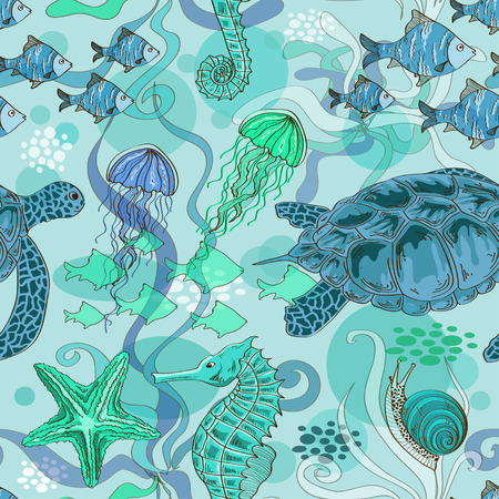 Blue green seamless pattern of sea animalsのイラスト素材