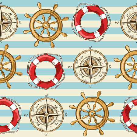Nautical striped seamless pattern of wheel, compass and lifebuoyのイラスト素材