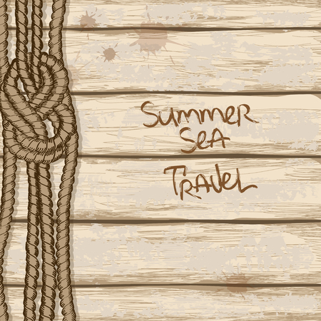 Hand drawn rope with marine knot on retro ship boards of deck background のイラスト素材