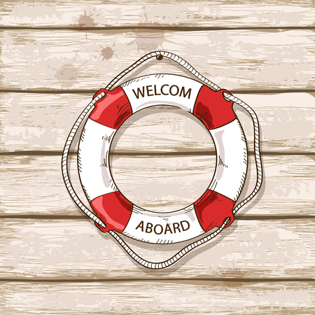 Hand drawn lifebuoy on old boards of ship deck backgroundのイラスト素材