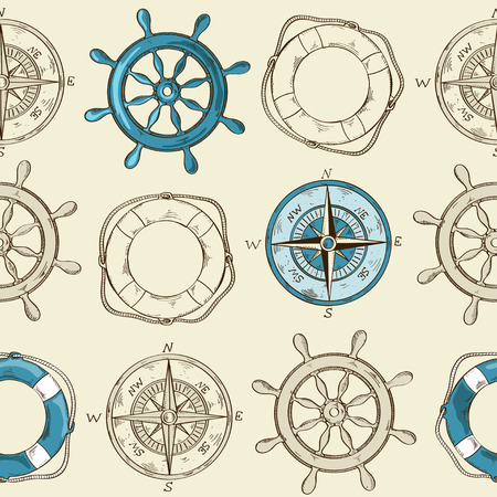 Nautical striped seamless pattern of wheel, compass and lifebuoyのイラスト素材