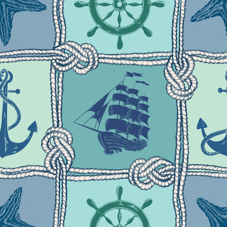 Nautical patchwork seamless pattern with ropes, starfish, sailing ship, anchor and wheelのイラスト素材