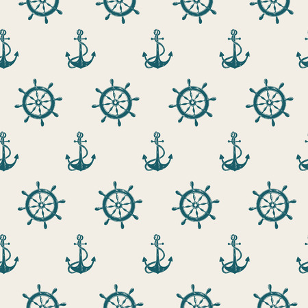 Retro seamless pattern of blue sea anchors and wheelsのイラスト素材