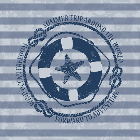 Vintage nautical emblem with lifebuoy and starfish on a striped backgroundのイラスト素材